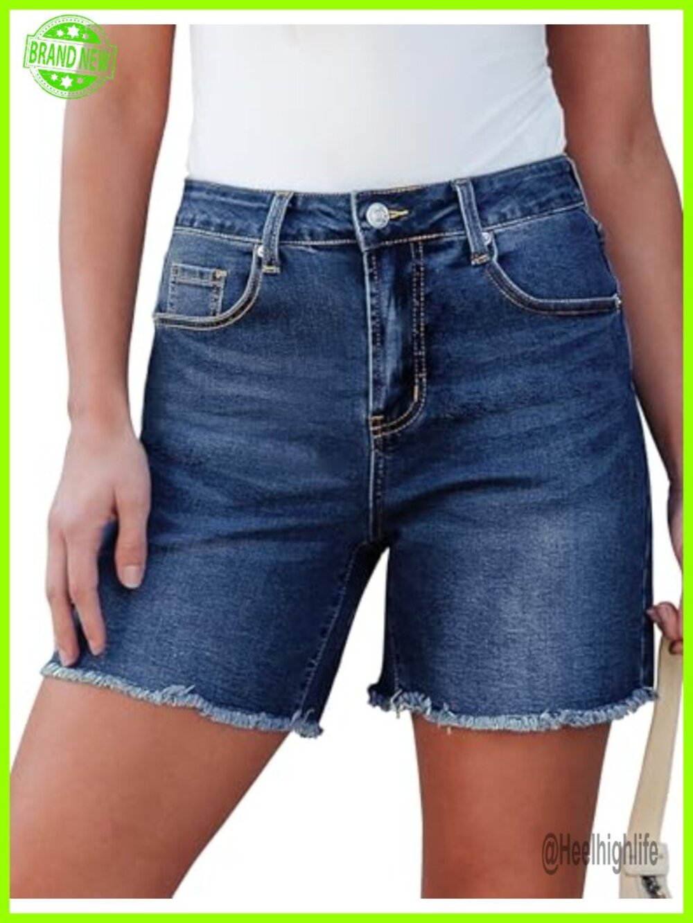 High Waisted Stretch Denim Shorts with Frayed Hem